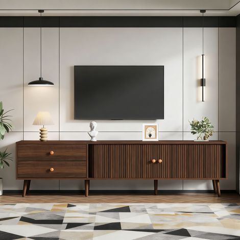 Meuble TV bas 180x40x46,5 cm effet noyer, 2 tiroirs, 2 portes coulissantes, 7 pieds, pour écrans jusqu'à 80'', MDF, noyer (1/5)