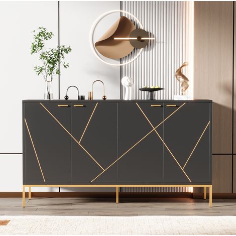 Mueble TV de 4 puertas, 150 x 40 x 80 cm, negro y dorado, patas metálicas DESVIAE (1/5)