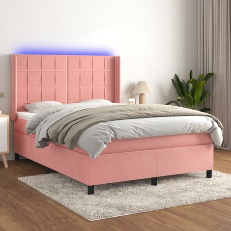 Sommier Tapissier + Matelas + LED,Lit adulte Simple Durable Rose 140x190 cm Velours -22533 (1/5)