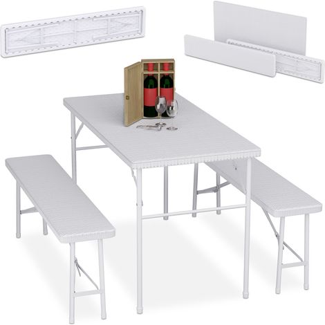 Relaxdays Ensemble table pliante et 2 bancs, pour jardin, pavillon ou camping, 120 cm, aspect rotin, blanc (1/5)