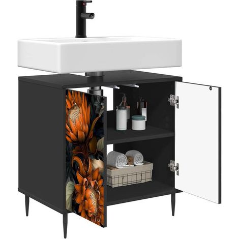 Meuble Vasque de Salle de Bain 60x40x61 cm, Noir Chêne, Design Moderne avec Rangement, Robuste et Imperméable (1/5)