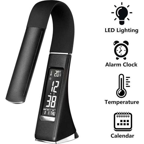 U2 5W LED desk lamp, dimmable screen, table lamp with alarm clock, calendar, time and temperature display, bedside lamp with 3 dimmable brightness levels, black [energy class
