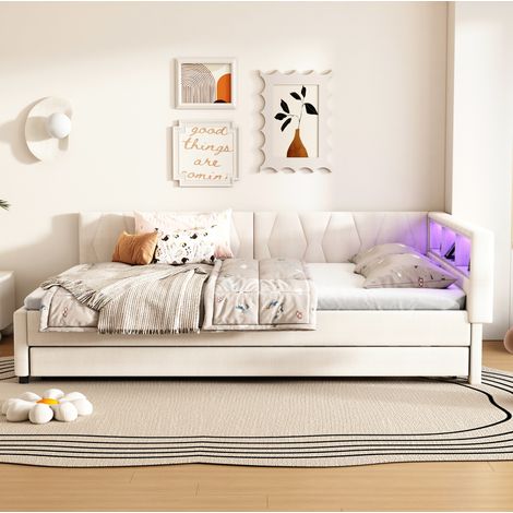MODFU – Letto estraibile per adulti 140x200 cm in lino e MDF con LED multicolore, USB, USB-C, vani contenitore e portata 300 kg – Beige (1/5)