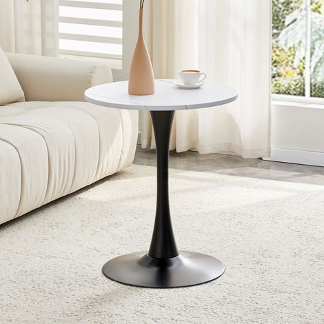 Tavolino da caffè 60x60x72 cm, tavolo rotondo, con piano in MDF, struttura in metallo, effetto venato bianco, per angoli casa (1/5)