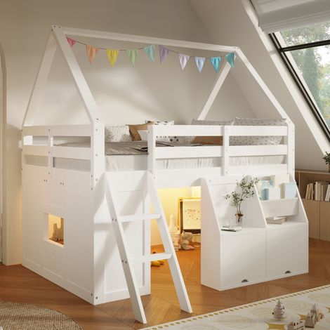 Modernluxe - Lit mezzanine cabane 140x200cm - Avec escalier et LED - Coffre de rangement et pochettes - MDF+Pin - Blanc (sans matelas) (1/5)