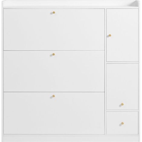 Meuble à chaussures 119 x 24 x 122 cm – 3 tiroirs rabattables, banc rabattable, 1 tiroir, poignées dorées, blanc – Pour couloir ou entrée (1/5)
