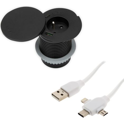 Otio – Prise encastrable 16A avec 2 ports USB type A et C – Chargeur induction 10W – Câble USB universel 1,8m – Compatible smartphones et tablettes