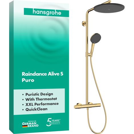 Hansgrohe Raindance Alive S Puro - Conjunto de ducha con termostato, 21x34 cm, 3 chorros, acabado oro pulido 24592990 (1/4)