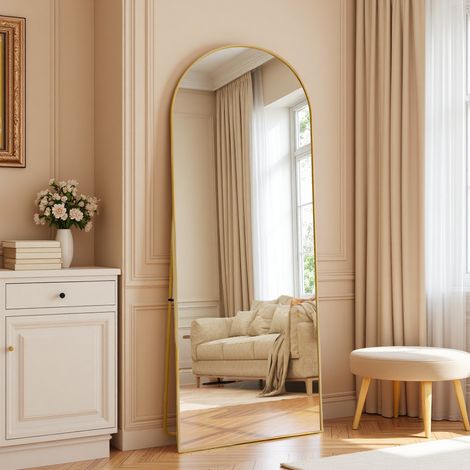 Miroir Plein Corps, 173 x 63 cm, Arqué Inclinable, Sur Pied & Mural, Cadre Aluminium, Salon Chambre Entrée, Doré (1/5)