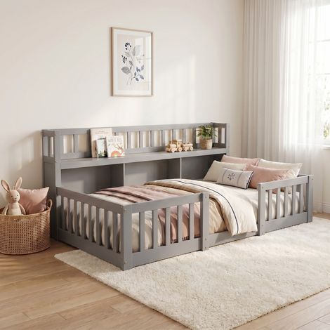 Lit simple 90x200 cm, lit enfant avec bibliothèque et barrières, lit au sol Montessori en bois, sommier, Gris (1/5)
