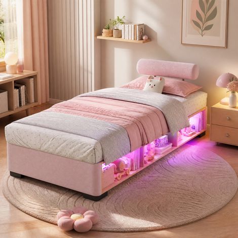 Lit 90x200 avec rangements latéraux LED en velours HAVRYA (1/5)