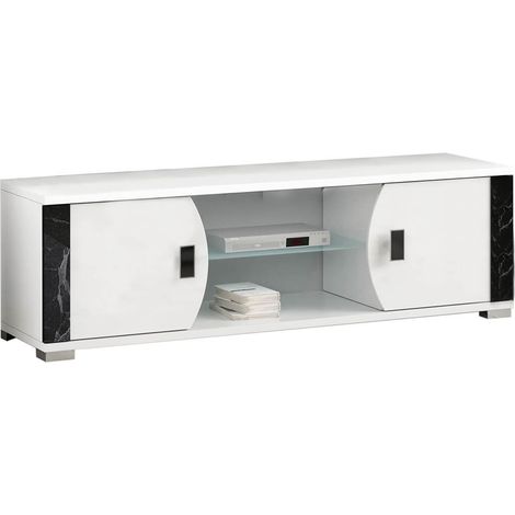 Altobuy – Meuble TV 2 portes et 2 niches blanc – Décor marbre noir – Dimensions 160x47xH56 cm – Panneau de particules laqué (1/3)
