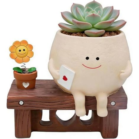 Pot de fleurs en résine mignon avec trou d'évacuation, idéal pour succulentes et déco de bureau. (1/5)
