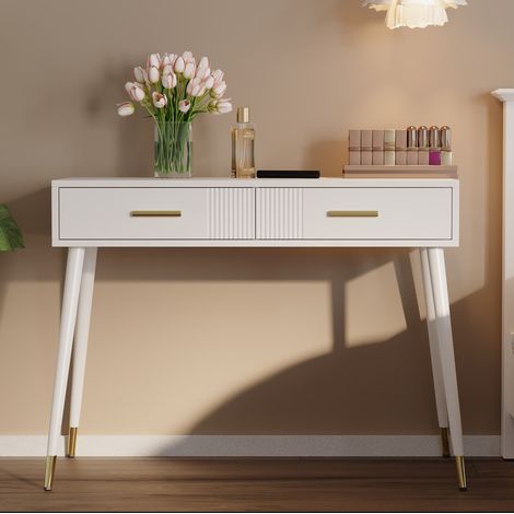 Coiffeuse en panneau mélaminé blanc avec 2 tiroirs et pieds en métal doré (1/5)
