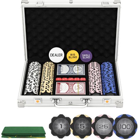 Coffret de jetons de poker, comprenant des dés, un bouton de donneur et deux jeux de cartes, de couleur argentée.