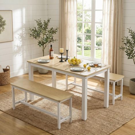 Conjunto de mesa de comedor con 2 bancos 110x60x76cm ahorra espacio para 4 personas para cocina y salón en madera mdf y metal estilo escandinavo blanco y madera clara (1/5)