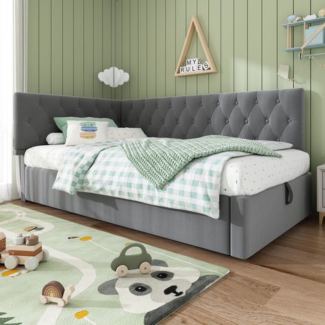 Canapé-lit coffre 90x200 cm - avec rangement - tissu en velours - avec sommier à lattes - Gris(sans matelas) (1/5)