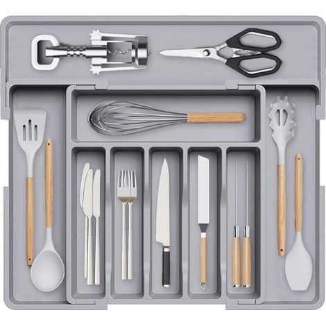 Cutlery Tray for Drawer, Cutlery Rack, Extendable Utensil Tray for Drawer, Compact Plastic Cutlery Storage for Kitchen, Cutlery and Spoons (Grey) (1/5)