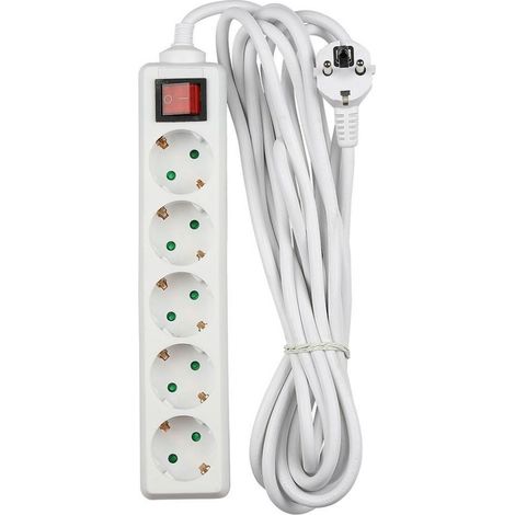 V-TAC Steckdosenleiste mit 5 m Kabel, 5 Steckdosen, 10 A, 2P + Schuko und beleuchtetem Schalter, Schuko-Stecker, Farbe Weiß
