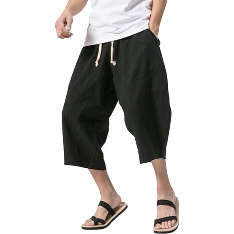 Short Homme Pantacourt Lin Taille Élastique Cordon Coupe Décontractée Sport Plage Cargo Léger Respirant 7/8 (1/4)