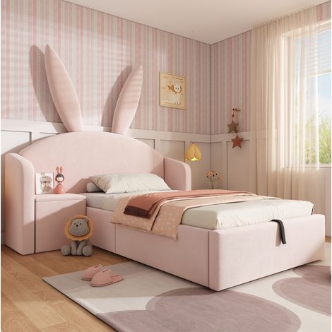 Kinderbett 90x190 cm Rosa aus Samt mit Stauraum, Hasenohren-Kopfteil und seitlich montierbarem Nachttisch (1/5)