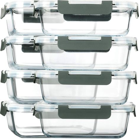 Lot de 8 boîtes de conservation en verre pour repas - Conteneurs en verre - Contenants hermétiques avec couvercles - Sans BPA - Passe au micro-ondes, au four, au congélateur et au lave-vaisselle. (1/5)