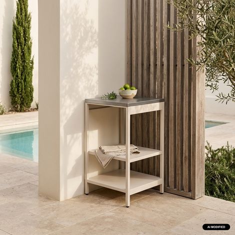Cuisine d'extérieure en acier beige avec 2 étagères L49cm