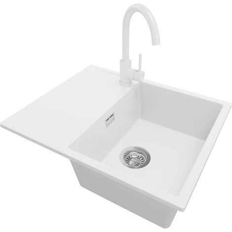 PRIMAGRAN Evier Cuisine en Granit 62x50cm, Lavabo 1 bac + Robinet 32x20cm + Kit de Vidage, Évier à Encastrer au meuble 45cm - Ibiza, Blanc (1/5)