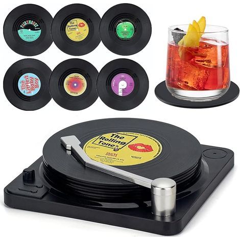 6er-Set Vinyl-Untersetzer im Retro-CD-Design für Kaffee, Tee, Bier, Wein und Weinflaschen mit rutschfester Tischplatte, Muster M1 (1/5)