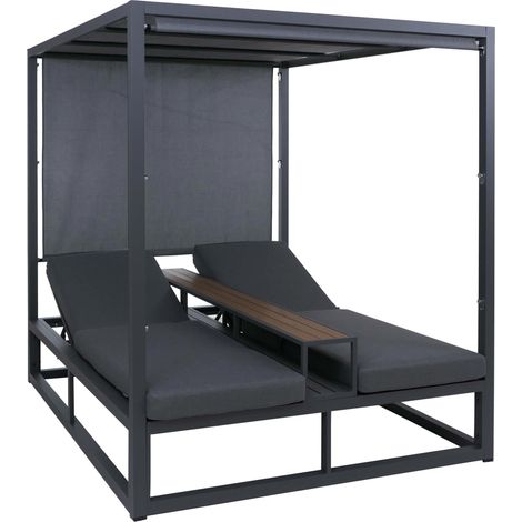 [NON UTILIZZATO] Lettino prendisole in alluminio HHG-106, giardino Daybed, 220 g/m² 196x165x196 cm, grigio scuro, cuscino grigio scuro (1/5)