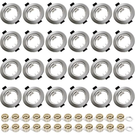 Lot de 24 Support Spot Encastrable GU10 Métal Brossé Sans Ampoule Cadre Rond Douille Céramique Compatible Plafond Ø55-70mm Ampoule Non Incluse Éclairage Intégré Moderne (1/5)