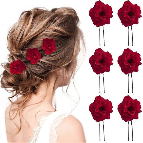 6 pinces à cheveux roses rouges. épingles à cheveux roses en forme de U. accessoires de coiffure de fête pour femmes et filles.
