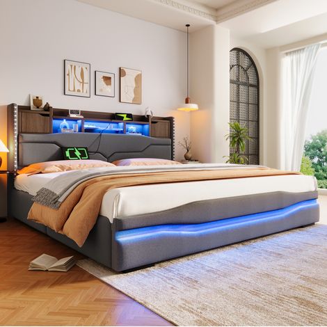 Cama tapizada 180x200 cm con almacenamiento hidráulico, luces LED, puertos USB y cabecero con estante, tela gris, ideal para dormitorio moderno  CHICFURN (1/5)