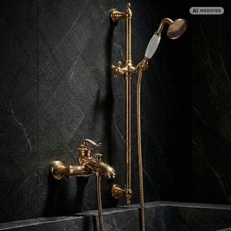 Robinetterie de baignoire PaulGurkes en or avec colonne de douche et douchette (1/5)
