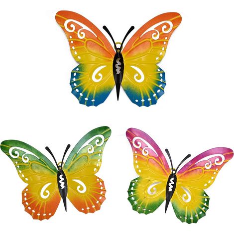 Lot de 3 papillons décoratifs muraux en métal, peinture résistante, décoration adaptée intérieur, extérieur, jardin, terrasse et cour (1/5)