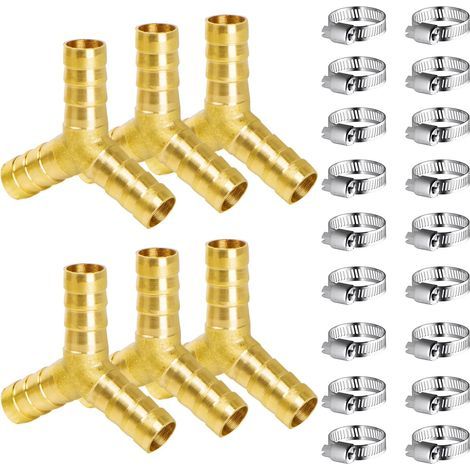 Raccord en Laiton de Tuyau Raccord Pneumatique 10mm, 6 Pièces Connecteur de Tuyau en Laiton pour Carburant Air Eau Gaz Huile, Avec pinces (Y) (1/5)