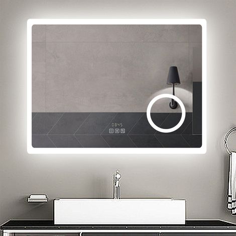 Aica Sanitarios  80 x 60 cm Espejo de baño con luz LED，luz con tres colores, brillo ajustable, antivaho, bluetooth, lupa 3x, reloj digital.