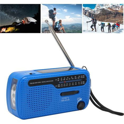 Radio à manivelle, lampe torche LED à manivelle, radio rechargeable solaire multibande AM/FM/SW1/SW2, radio portable d'urgence pour l'extérieur, bleue. (1/5)