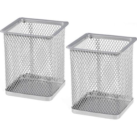 Lot de 2 pots à crayons carrés en métal (argenté)-Silver