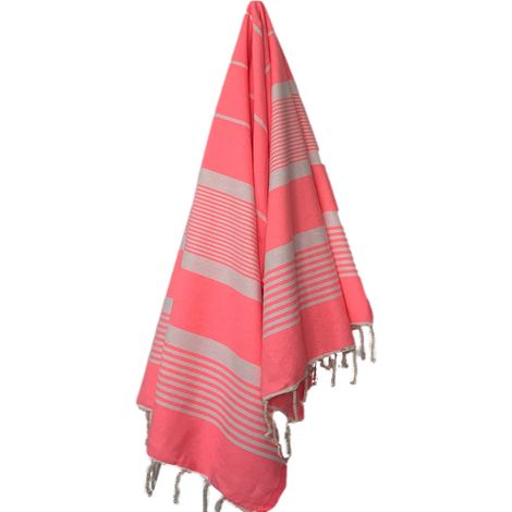 Fouta 100x200 rose fluo rayures blanches - 100% coton - franges (1/2)