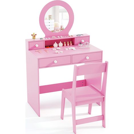 Coiffeuse enfant rose avec miroir acrylique incassable, tiroirs et chaise, coins arrondis pour chambre et salle de jeux (1/5)
