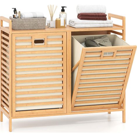 Organiser le Linge Sale Panier à Linge Double en Bambou avec 2 Bacs Basculants Amovibles et Étagère (1/5)