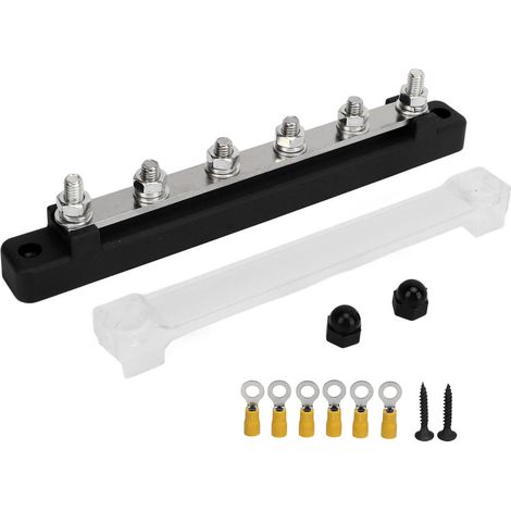 Bornier de distribution électrique 6 bornes avec couvercle anti-poussière, goujons M6, 12V-48V CC, 150A, pour voitures, bateaux, camping-cars (noir) (1/5)