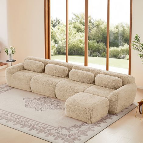 Canapé panoramique 4 places 378x179x73 cm - Canapé d'angle en L, canapé modulable, tissu très extensible, avec méridienne, librement combinable - Beige