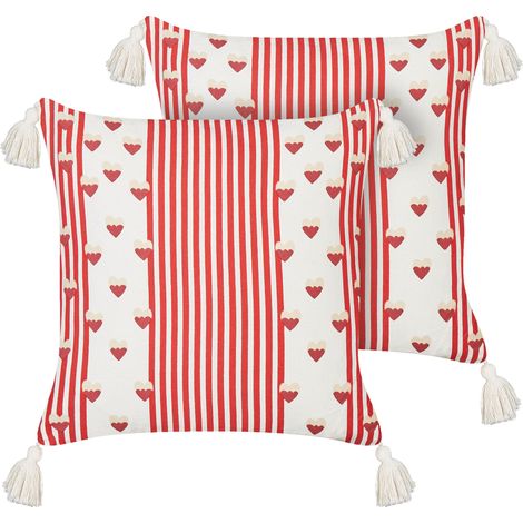 Conjunto de 2 cojines decorativos modernos 45 x 45 cm motivo corazones fundas extraíbles blanco y rojo Banksia