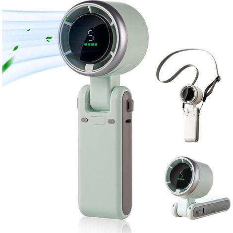(Vert) Mini ventilateur portable, 5 vitesses réglables, angle de rotation de 180°, puissant moteur sans balais, pliable. (1/5)