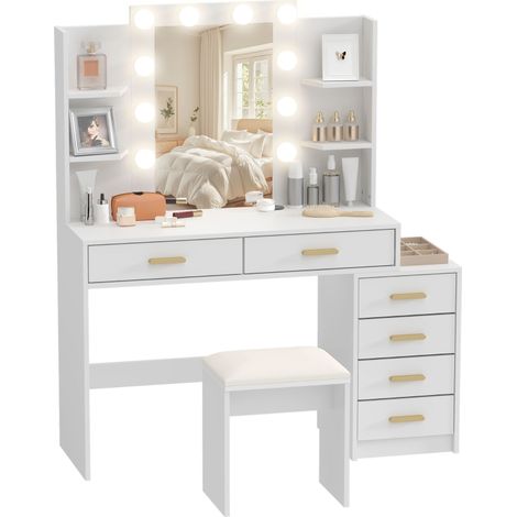 Coiffeuse avec miroir éclairé et tabouret rembourré, meuble de maquillage à 6 tiroirs et étagères, blanc