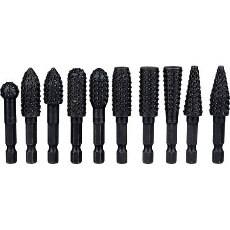 10-teiliges Rotationsraspel-Set für 6,35-mm-Fräser, Rotationsfräser mit Sechskantgriff aus Kohlenstoffstahl, Schnitzwerkzeug für Holzbearbeitung, Metallpolitur und Gravur, Schwarz (1/5)