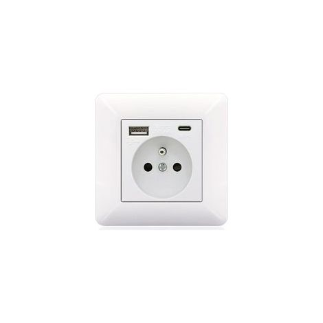 Panneau de prises françaises TypeC + USB 16A 2 prises 1 port USB 1 port TypeC Installation horizontale/verticale Design élégant blanc (1/3)