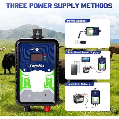 Électrificateur de Clôture Électrique 12KV 4 Joules Alimentation Secteur/Batterie/Solaire – Étanche Choc pour Protection des Animaux et Dissuasion des Prédateurs (1/4)